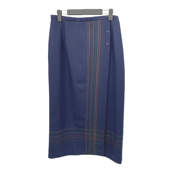 Pendleton Wrap Midi Skirt Womens 12 Navy Blue Tartan Wool Embroidered Detailing - Picture 1 of 10
